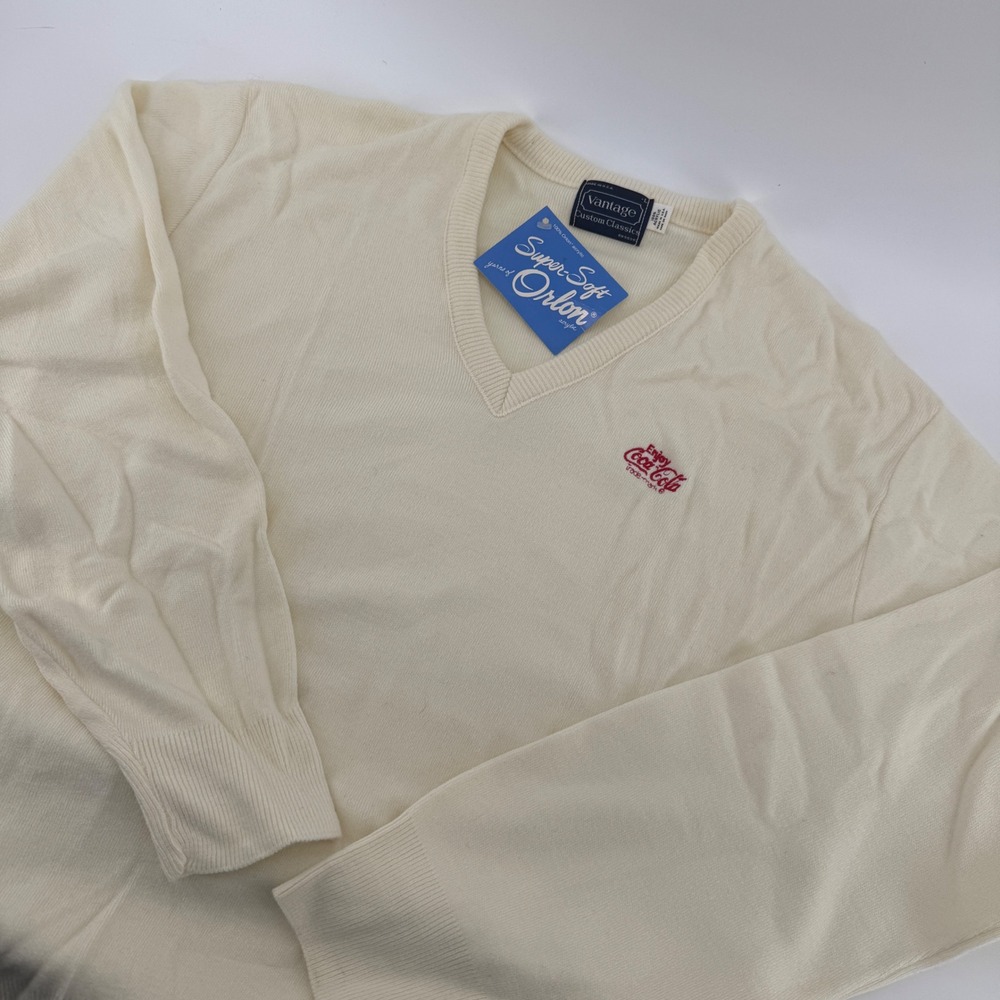 Vintage Vantage Coca Cola V-Neck Sweater Mens‎ Large White Orlon Acrylic USA NWT